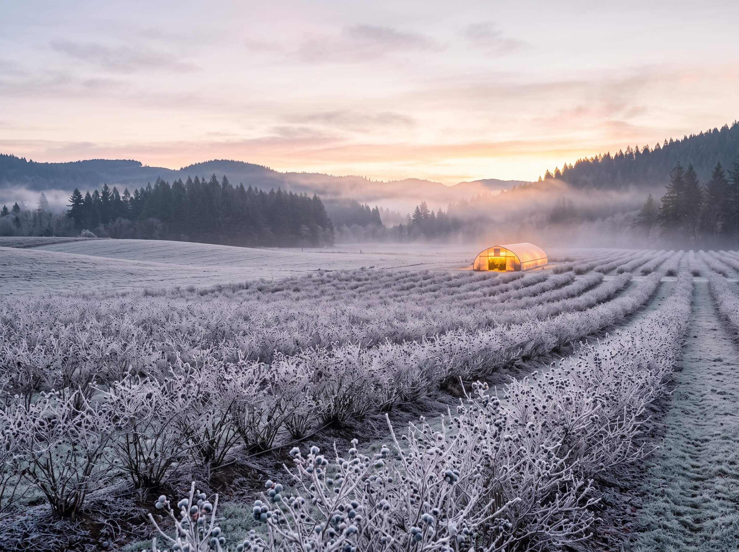 Frosted Cakes strain hero showing a warm cannabis greenhouse in a frosted Oregon blueberry field at sunrise
