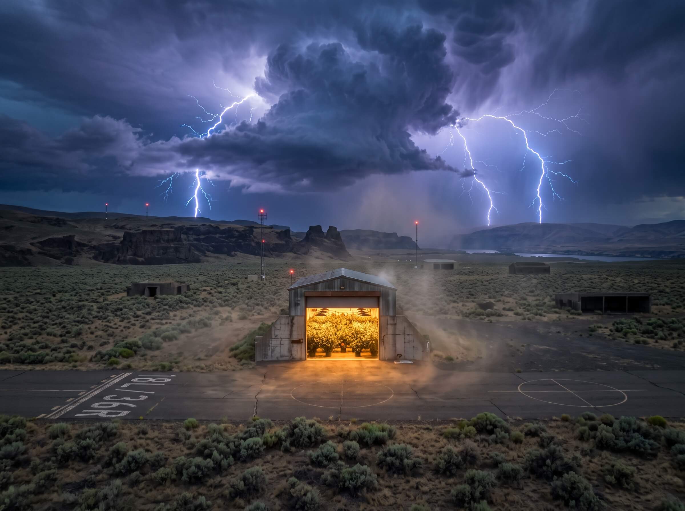 Atomic Thunder Pop strain hero showing a glowing cannabis grow on a stormy Boardman high desert training range