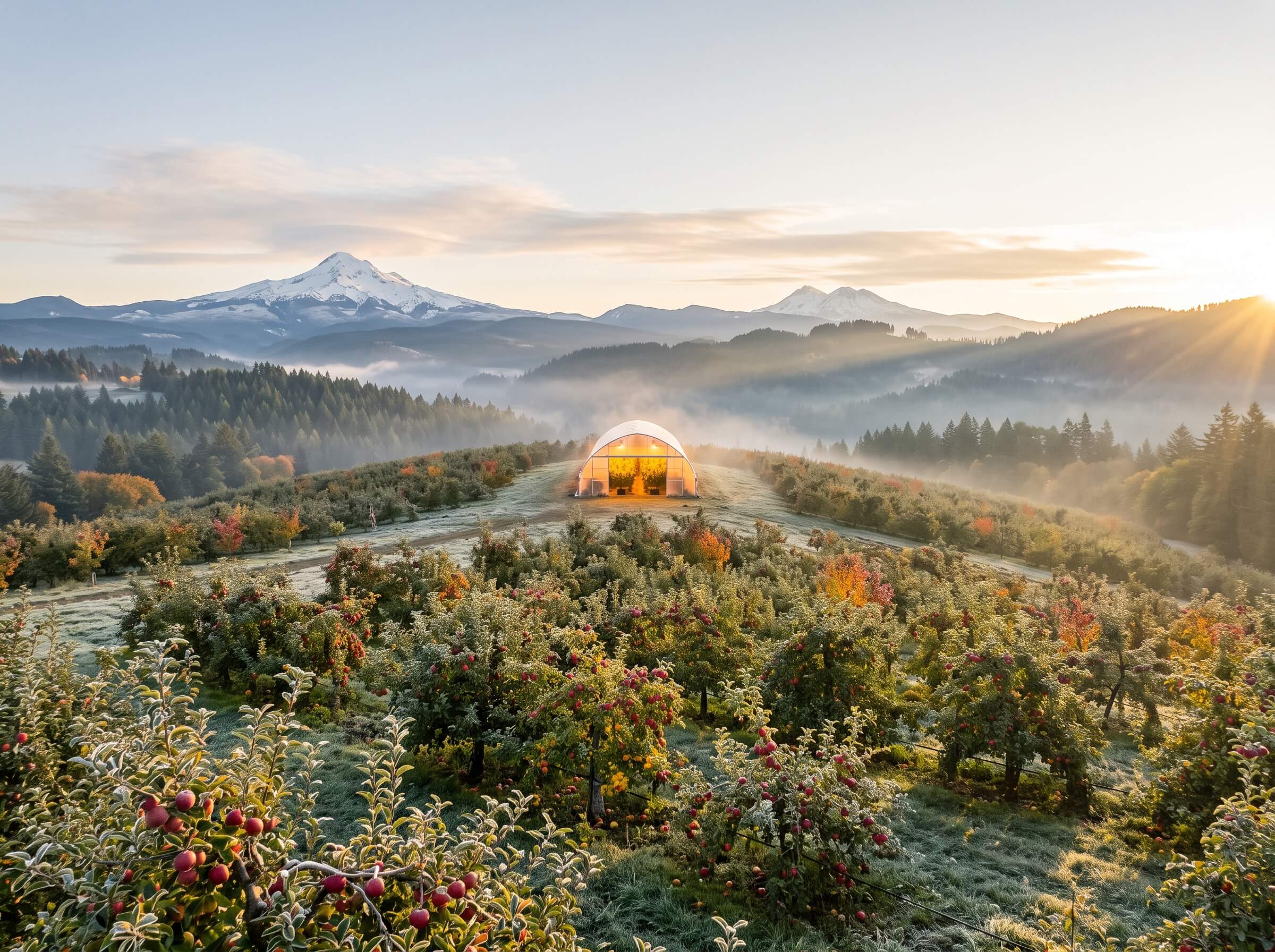 Cascade Crisp strain hero showing a glowing cannabis greenhouse in a frosted Cascade apple orchard