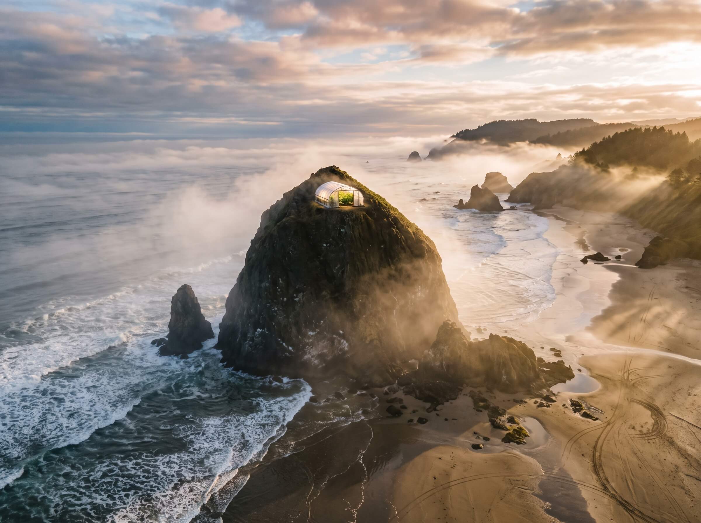 Haystack Haze strain hero showing a cannabis greenhouse on Haystack Rock above a foggy Oregon coast