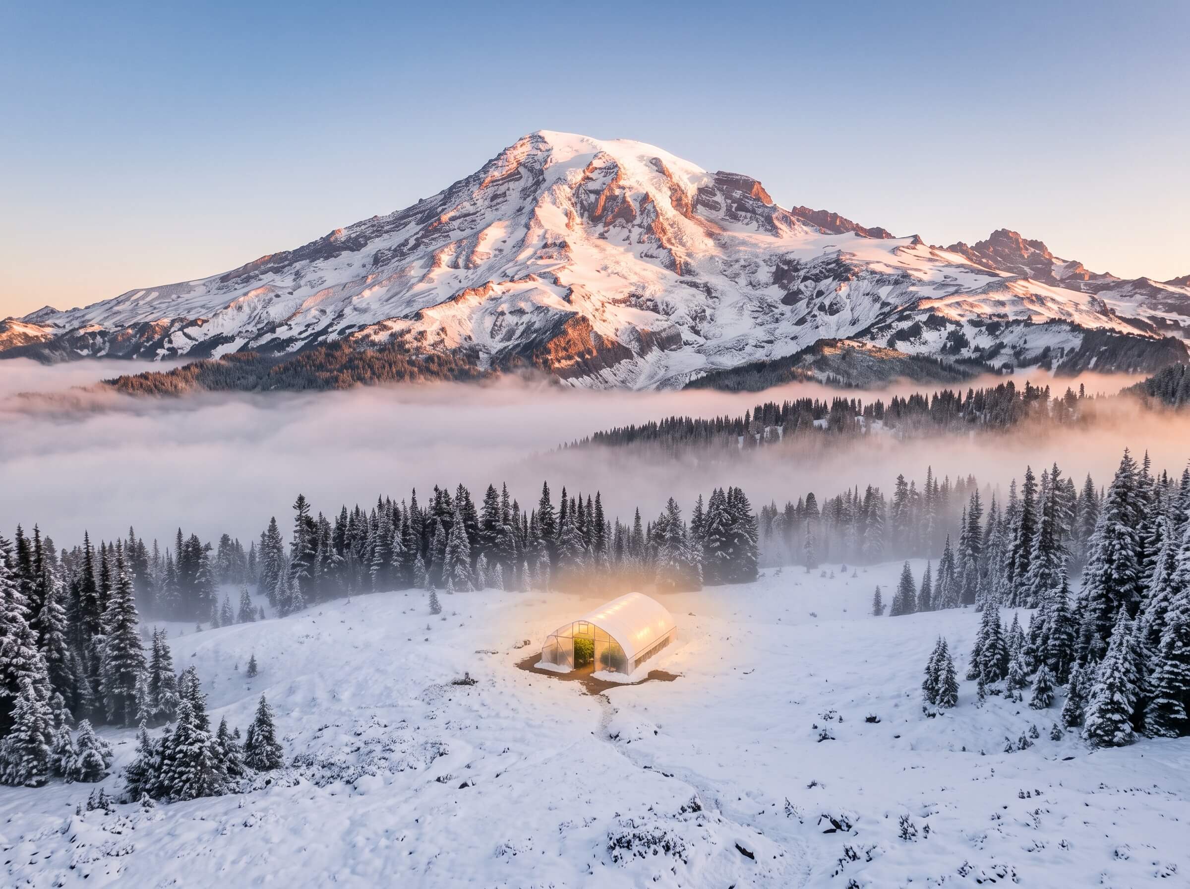 Mt Hood Magic strain hero showing a glowing cannabis greenhouse below Mt Hood in a snowy alpine meadow