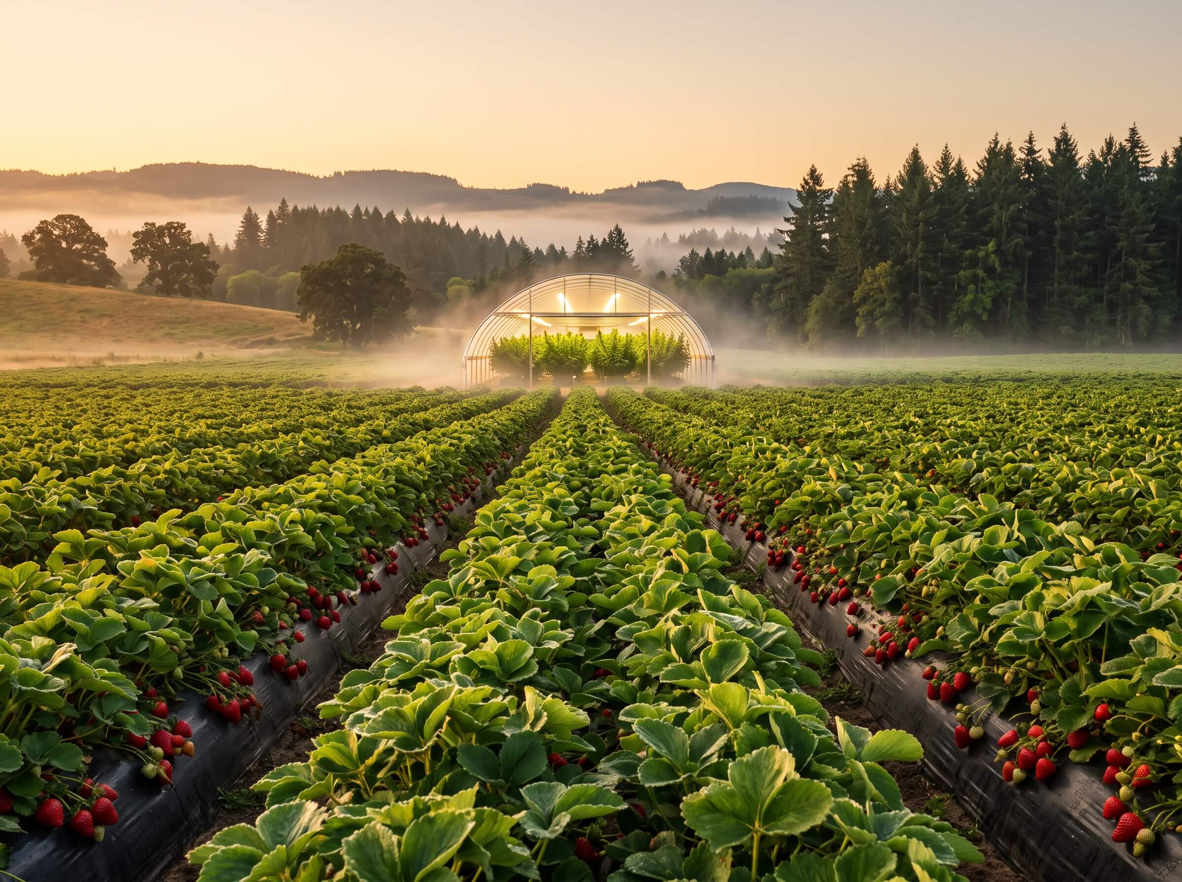Oregon Strawberries strain hero showing a cannabis greenhouse beyond rows of ripe Oregon strawberry plants