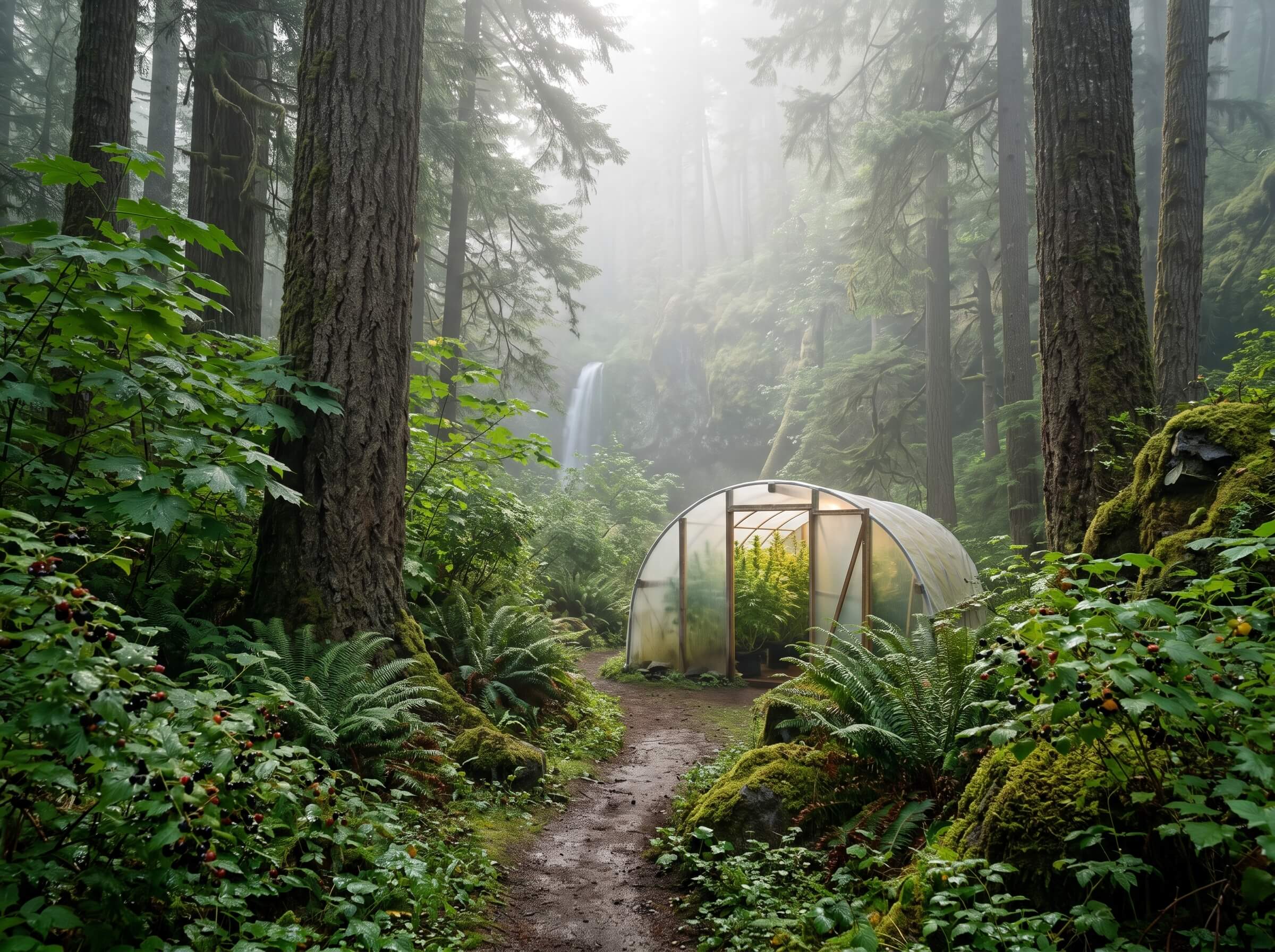 Trailberries strain hero showing a hidden cannabis greenhouse along a misty Silver Falls forest trail